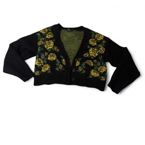 Floral Black Sweater with Yellow and Green Accents
